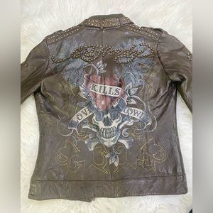 Ed Hardy Love Kills Slowly Brown Leather Studded Jacket Great Condition Sz S